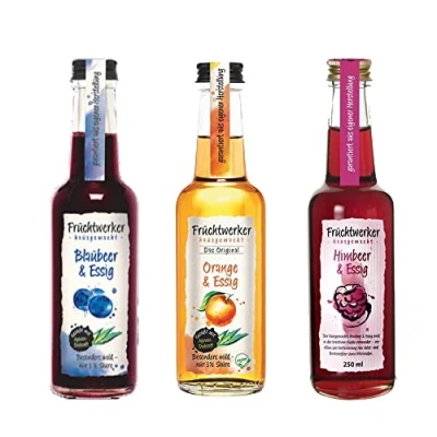 Abbildung von Fruchtwerker Essig und Frucht Set I Verschiedene Sorten Fruchtig Fruchtessig Rein Pflanzlich Süß In Glasflaschen (Blaubeere + Orange Himbeere)