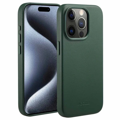 Abbildung von Apple iPhone 15 Pro Hülle MagSafe Echtleder Accezz Backcover Handyhülle Dunkelgrün
