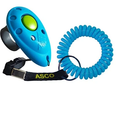Abbildung von ASCO Premium Finger Clicker mit Spiralarmband für Clickertraining, Hunde Katzen Pferde Profi Clicker, Hundetraining Klicker blau AC04FS
