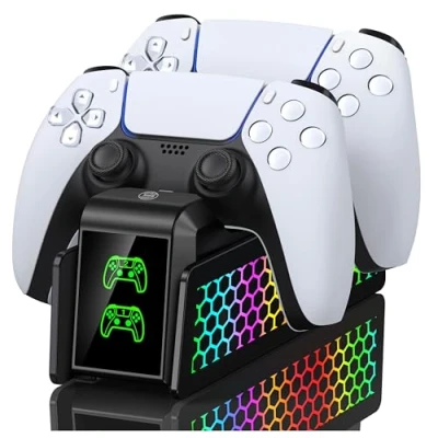 Abbildung von PS5 Controller Ladestation, Zubehör Ladestation für Dualsense Controllers, 3 Std Schnelllade Charging Station Playstation 5, 5 Ladestations mit RGB Lichteffekte