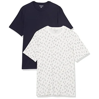 Abbildung von Amazon Essentials Herren Kurzärmliges T Shirt mit Rundhalsausschnitt in normaler Passform, 2er Pack, Marineblau/Weiß Bootsmuster, XS