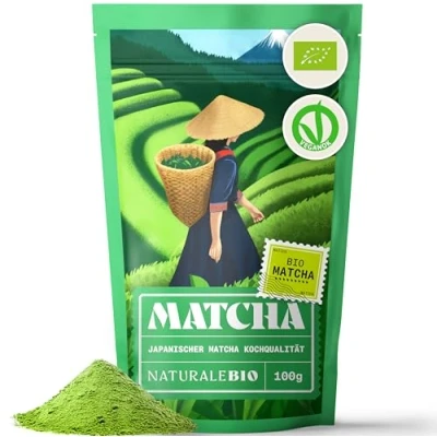 Abbildung von Bio Green Tea Pulver 100g. Zum Kochen und Backen. Originaler japanischer Matcha. Grüner Tee aus Japan, Vegan, Gluten &amp; Gentechnik frei. NaturaleBio. Natürliches Produkt.