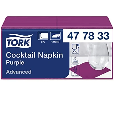 Abbildung von Tork 477833 Cocktailservietten Violett / Cocktail Serviette in Advanced Qualität mit 1/4 Falz 12 x 200 (2400) Servietten 23,8 24 cm (B L)