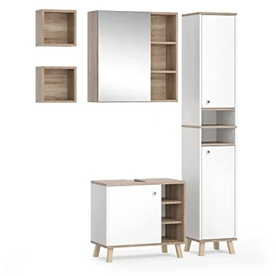 Abbildung von Vicco Badmöbel Set Senyo, Weiß/Sonoma, 4 Teile, mit Hochschrank, (5er Set, 5 St., er Set)