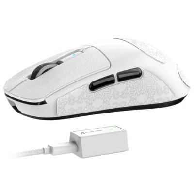 Abbildung von ATTACK SHARK R6 Kabellose 8 kHz Gaming Maus, SUPERLEICHT 39g, Nordic 52840 MCU, PixArt PAW3950MAX Sensor, BT/2,4 G/kabelgebunden, 6 einstellbare DPI bis zu 42000, 300 mAh Akku, PC/Mac (weiß + Band)