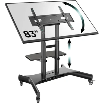 Abbildung von ONKRON TV Ständer rollbar für 50 83 Zoll bis zu 70 kg, Universal höhenverstellbar &amp; neigbar max VESA 800x500 Fernsehständer mit Rollen/Standfuß Fernseher Wagen Schwarz TS1380 B