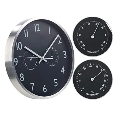 Abbildung von St. Leonhard Funkuhren: 3in1 Funk Wanduhr mit Thermometer &amp; Hygrometer, aus Aluminium, Ø 30cm (Wetterstationen, Funkuhr lautlos, Schleichendes)