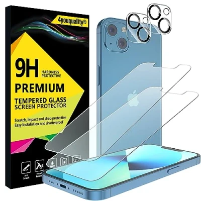 Abbildung von 4youquality [4 in 1 Displayschutzfolie für iPhone 13 mit Kameraobjektivschutz, Panzerglasfolie, je 2 Stück, [LifetimeSupport][Stoßfest][Anti Kratzen][Ultra Transparent]