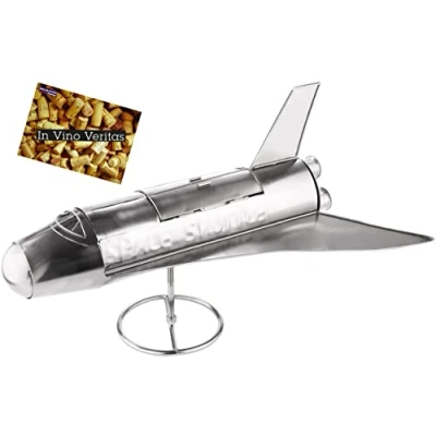 Abbildung von BRUBAKER Weinflaschenhalter Space Shuttle Metall Skulptur Flaschenständer Rakete Raumfähre Silber Metallfigur Flaschenhalter Weingeschenk für Raumfahrt und Weltall Fans mit Grußkarte