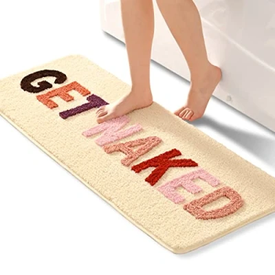 Abbildung von QJHOMO Get Naked Badematte Beige Badezimmermatten 45 x 120 cm, rutschfeste Badematten für Badezimmer, Bunte Buchstaben, weiche Mikrofaser, maschinenwaschbarer Teppich