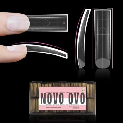Abbildung von NOVO OVO XXL gebogene scharfe quadratische Nagelspitze, Thick Curved Square Nail Tip, extra dicke künstliche Nägel zum Aufdrücken, vollständige und halbe Abdeckung mit Hilfslinie 15 Größe 240 Stück