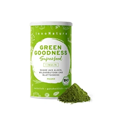 Abbildung von Bio “Green Goodness Superfood Shake mit 12 Superfoods (Weizengras + Gerstengras Moringa Chlorella Spirulina Kelp etc.) 300g Premium grünes Smoothie Pulver/Shake. Vegan hergestellt in DE.