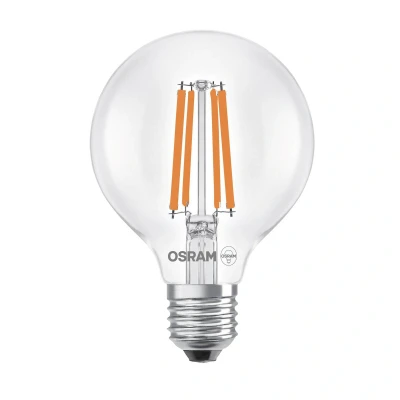 Abbildung von OSRAM LED Lampe in klassischer Globeform, mit dekorativem Filament, Energieeffizienzklasse A, E27, 5 W, 1055 lm, 2700 K, warmweiß. Ohne Aufwärmen, sofort 100% Licht. Geringes Flackern.