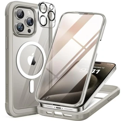 Abbildung von Miracase 360 Grad für iPhone 15 Pro Max Hülle Magnetisch mit Eingebaut Glas Schutzfolie und Kameraschutz, Stoßfest Komplettschutz Handyhülle Schutzhüllen 6,7 Zoll, Titan