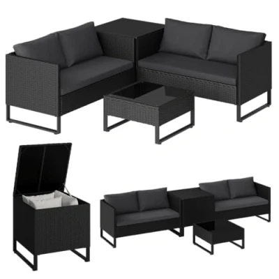 Abbildung von STEELSØN Polyrattan Sitzgruppe mit Aufbewahrungsbox Alniyat, Gartenmöbel Set 2X Gartenbank, 1x Tisch, Rattan Lounge für den Garten 4 Personen