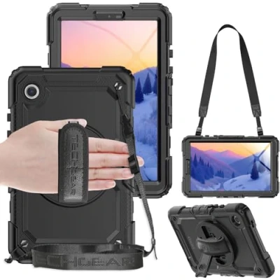 Abbildung von TECHGEAR Utility Schutzhülle für Samsung Galaxy Tab A9 8,7 Zoll (SM X110 / SM X115), robust, stoßfest, mit 360 drehbarem Ständer, Handschlaufe und Schultergurt, Schwarz