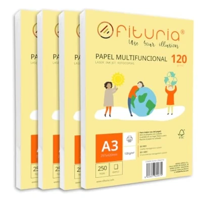 Abbildung von Packung mit 1000 weißen DIN A3 Blättern, 120g Druckerpapier. Multifunktionales Kopierpapier für Schule und Büro. Ideal Laserdrucker, Tintenstrahldrucker oder Kopierer Ofituria