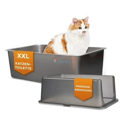 Abbildung von Lucky Kitty Katzenklo Edelstahl 60x40x20 cm I Katzentoilette mit Deckel, exklusiver Schließmechanismus XXL, absolut auslaufsicher groß, geruchsfrei (Edelstahl Natur)