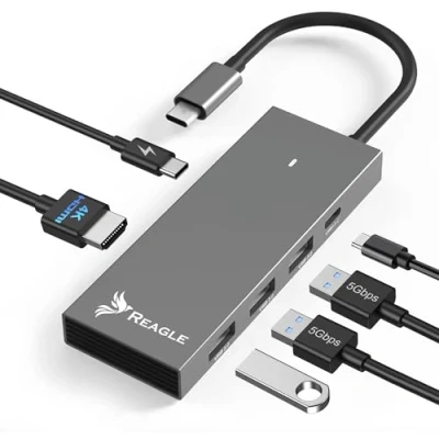 Abbildung von Reagle USB C Hub 6 in 1 mit HDMI 4K 60Hz, 2K 144Hz, 100W PD, 3X 3.2, Datenübertragung, Aluminiumgehäuse für MacBook, iPad, Laptops
