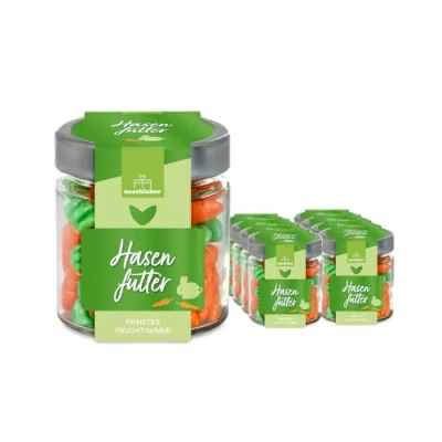 Abbildung von 8 Stück Hasenfutter Fruchtgummis im Glas Ostergeschenk für Kinder und Erwachsene Karotten Süßigkeiten das Osternest Großpackung Perfekt die Ostersuche