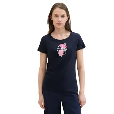 Abbildung von TOM TAILOR Damen Basic T Shirt mit Blumen Print, sky captain blue, XXL