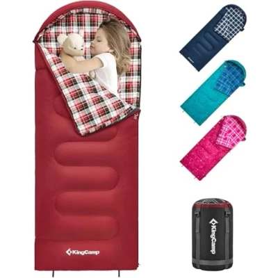 Abbildung von KingCamp Kinderschlafsack Schlafsack Winter Warmer Deckenschlafsack 3 4 Jahreszeiten für Kinder beim Camping Trekking 170 x 70 cm Komfort: 7C 1.4 KG,(Rot, Links)