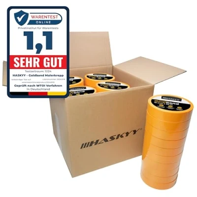 Abbildung von HASKYY Goldband Malerkrepp Kreppband 50x Malerband 25mm x 50m Profi Abdeckband Malertape Klebeband Washi Tape Gold Papiertape Selbstklebend