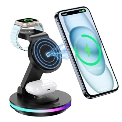 Abbildung von Magnetisch kabellos Ladeständer, 3 in 1 kabellose Ladestation, drehbarer und Faltbarer Ladeständer mit Nachtlicht für iPhone 15/14/13/12 Serie, Apple Watch 2 zu 9, AirPods