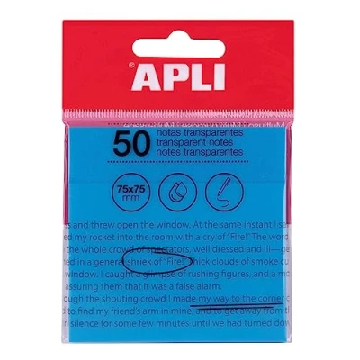 Abbildung von APLI 19571 Haftnotizen, transparent, 75 x mm, Farbe: Blau, 50 transparente Blätter, wasserfest, ideal für Studenten und Lehrer.