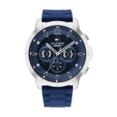 Abbildung von Tommy Hilfiger Multi Zifferblatt Quarz Uhr für Herren mit Marinblaues Silikonarmband 1710489
