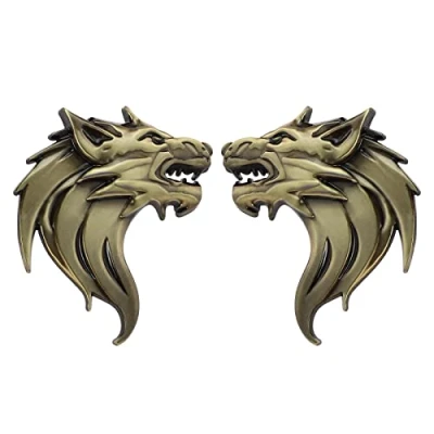 Abbildung von VGOL 1 Paar Wolfskopf 3D Metall Aufkleber Abziehbilder Wolf Emblem Reflektierende Abzeichen Dekoration für Motorrad Auto Windschutzscheibe Bronze
