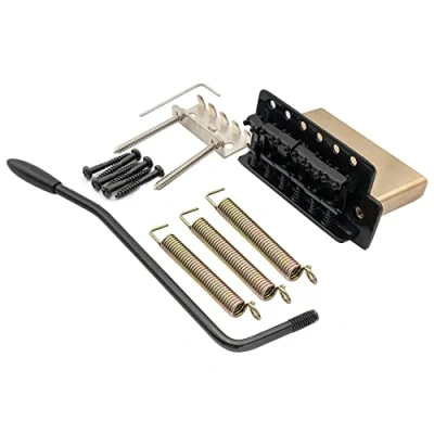Abbildung von Musiclily Pro 52,5mm Vintage 6 Schrauben Tremolo Steg Bridge 40mm Solide Messing Block für Squier Strat Style E Gitarre, Schwarz