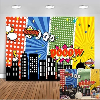 Abbildung von Mehofoto Superhero Geburtstag Foto Hintergrund 7x5ft Stadtbild Cartoon Supercity Hohe Gebäude Backdrops Nahtlose Kinder Party Fotografie