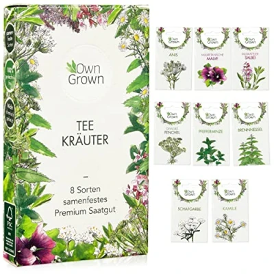 Abbildung von Tee Kräuter Samen Set: 8 Sorten Saatgut für Balkon und Garten Pfefferminze, Kamille, Anis Samen, Brennnessel, Malve Kräutersamen Box OwnGrown