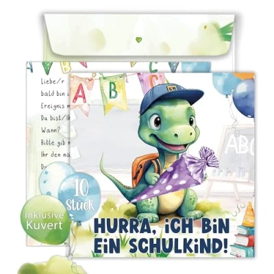 Abbildung von TOBJA Grußkarte Dino Einladung Einschulung Junge u. Mädchen, Einladungskarten Schule