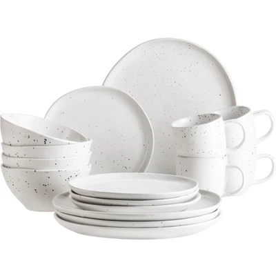 Abbildung von MÄSER 934007 Serie Andoro, Semi matt glänzendes Vintage Geschirr Set für 4 Personen, 16 teiliges Kombiset mit weißer Glasur und dunkelgrauen Sprenkeln, Steinzeug
