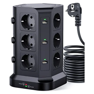 Abbildung von [5M Kable] KOOSLA 12 Fach Steckdosenturm mit Überspannungsschutz (4000W/16A), einzeln schaltbare Steckdosenleiste 6 USB für Büro Küche Tisch, 5M, Schwarz