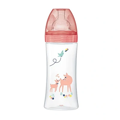 Abbildung von Dodie Babyflasche, Antikolik Sensation+, flacher Sauger, Fluss 3, 6 Monate, rosa, Garten, 330 ml, 1 Stück, 3700763536613