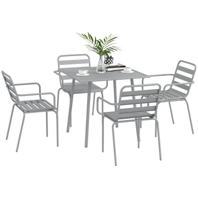 Abbildung von Outsunny Garten Essgruppe Sitzgruppe mit 1 Esstisch, 4 stapelbaren Stühlen, (Gartengarnitur, 5 tlg., Sitzgarnitur), für Balkon, Terrasse, Stahl, Hellgrau