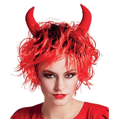 Abbildung von Boland Teufelin Perücke Mittellang Schwarz/Rot mit Stoffhörnern, Ideal für Kostümpartys &amp; Halloween