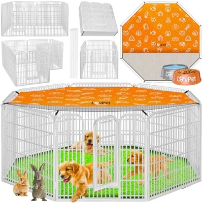 Abbildung von LovPet Welpenlaufstall Freilaufgehege Welpenauslauf I Hundelaufstall XXL 8 Gitter je 80x80 cm Wetterfester Tierlaufstall mit Tür für Hund Katze Welpe Kaninchen Meerschweinchen Dach &amp; Erdankern