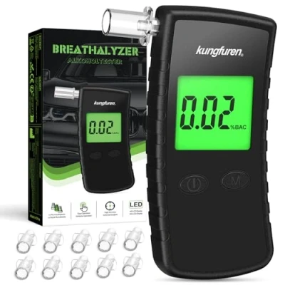 Abbildung von Alkoholtester Polizeigenau Alkohol Tester Promillemessgerät: Promilletester Alkoholmessgerät mit 11 Mundstücke Professioneller Alkoholtest Digitaler Blauer Großem LCD Display