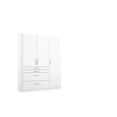 Abbildung von Rauch Möbel Harburg Schrank Kleiderschrank Drehtürenschrank Weiß 3 türig mit 4 Schubladen inklusive Zubehörpaket Basic Einlegeböden, 1 Kleiderstange BxHxT 136x197x54 cm