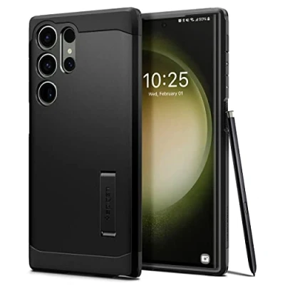 Abbildung von Samsung Galaxy S23 Ultra Hülle Kunststoff Spigen Hard Case/Backcover Handyhülle Schwarz Shockproof/Stoßfest