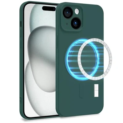 Abbildung von MyGadget Hülle für Apple iPhone 15 [ kompatibel mit MagSafe ] Zweilagige Handyhülle Kameraschutz Cover Innenfutter &amp; Silikon außen Olive Grün