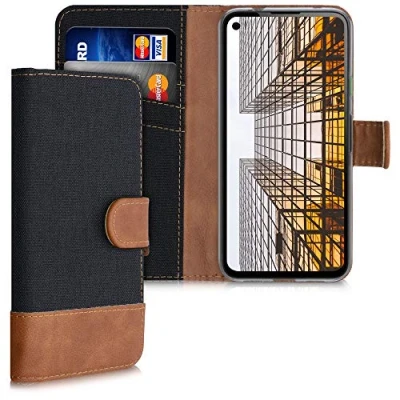 Abbildung von kwmobile Wallet Case kompatibel mit Google Pixel 4a Hülle Ständer Handyhülle Kartenfächer Schwarz Braun