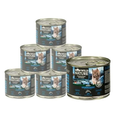 Abbildung von Dehner Wild Nature Katzenfutter Gebirgssee, Nassfutter getreidefrei, für ausgewachsene Katzen, Lachs / Forelle, 6 x 200 g Dose (1.2 kg)