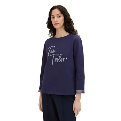 Abbildung von TOM TAILOR Damen 1036581 Sweater mit Schriftzug, 11331 Atlantic Ocean Blue, XXS