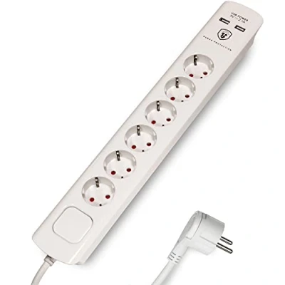 Abbildung von FeinTech Mehrfachsteckdose 6 fach (Ein / Ausschalter, Schalterbeleuchtung, USB Anschlüsse, Überspannungsschutz, Kabellänge 1.5 m), Flachstecker