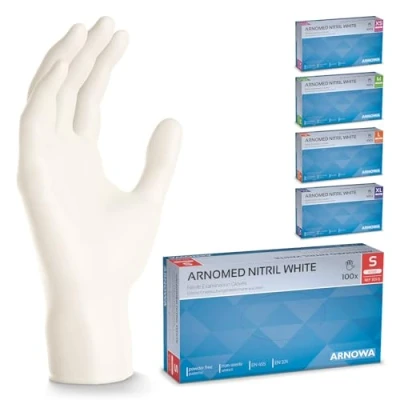 Abbildung von 500 Stück ARNOMED Einweghandschuhe Weiß, Einmalhandschuhe S, Nitril Handschuhe Einweg, Nitrilhandschuhe puder /latexfrei, Gummihandschuhe Schutzhandschuhe, XS, M, L, XL
